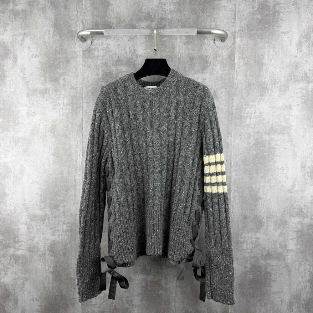 Authentic Thom Browne Gray Cable Knit Sweater with White Stripes